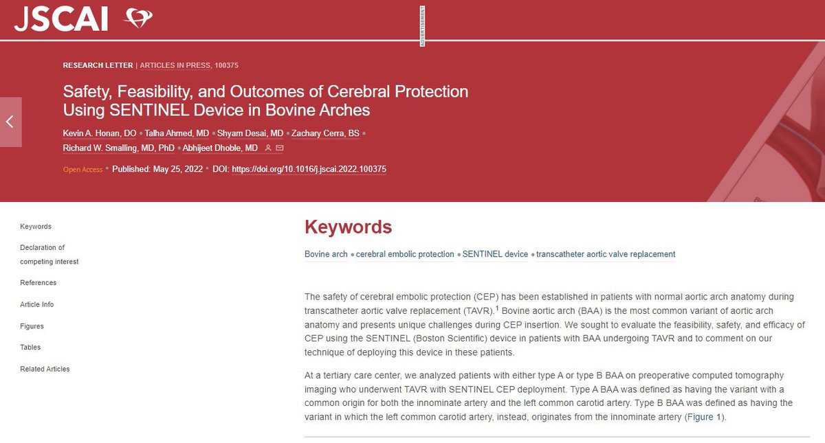 KevinHonan's tweet photo. 📃📣Excited to share my most recent manuscript published in @MyJSCAI with #CardioTwitter — all things detailing SENTINEL device cerebral embolic protection in #TAVR for patients with bovine aortic arch.

🔎: https://t.co/3BytmpVD2T https://t.co/APMFkeDyWR