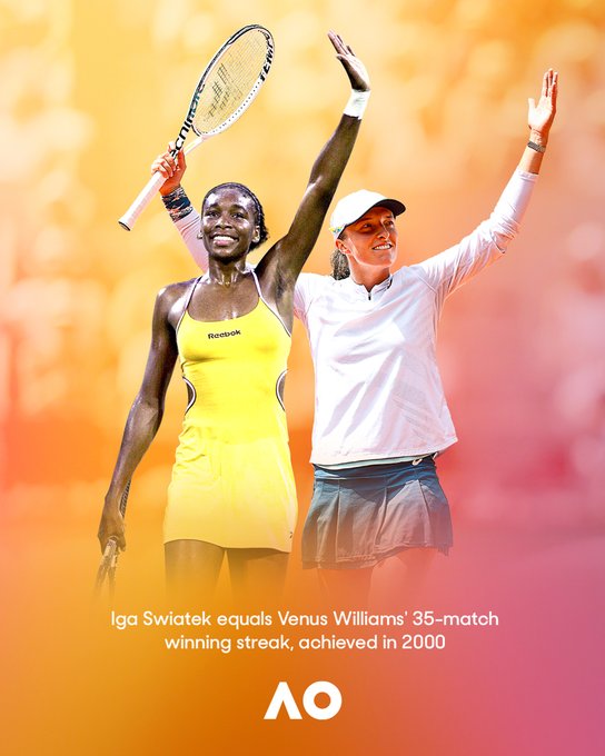 Composite image of tennis players Iga Swiatek and Venus Williams. Iga Swiatek equals Venus Williams' 35-match winning streak, achieved in 2000.