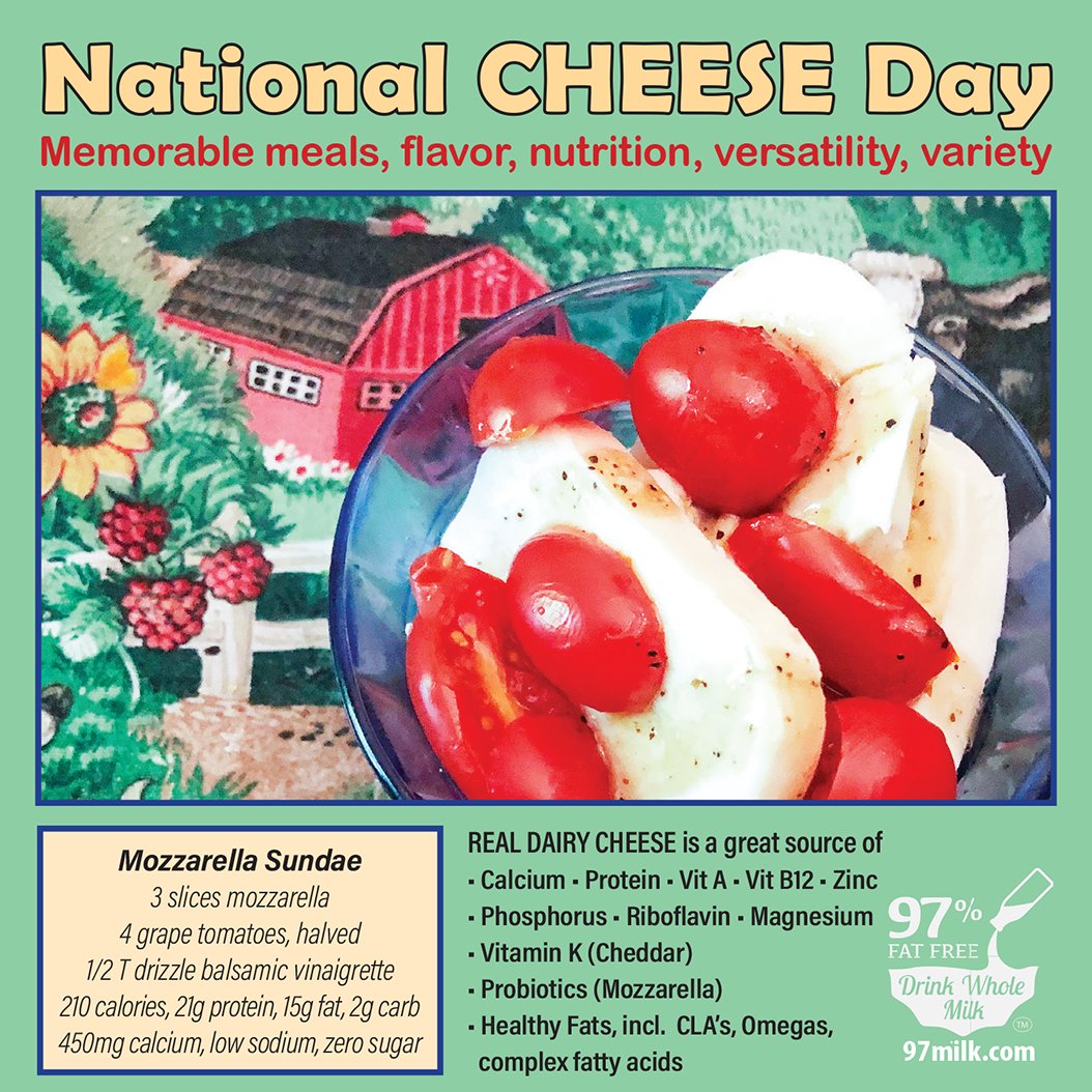 #NationalCheeseDay
Memorable meals. Flavorful, nutritious snacks.
Ultimate versatility and variety -- so many choices!
MAKE SURE IT'S REAL DAIRY CHEESE 
to get the great source of nutrients! #realcheese #nutrition #naturally #delicious