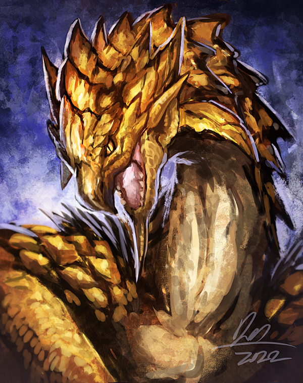 息抜きに久し振りにモンハン絵。金レイアことリオレイア希少種。金色