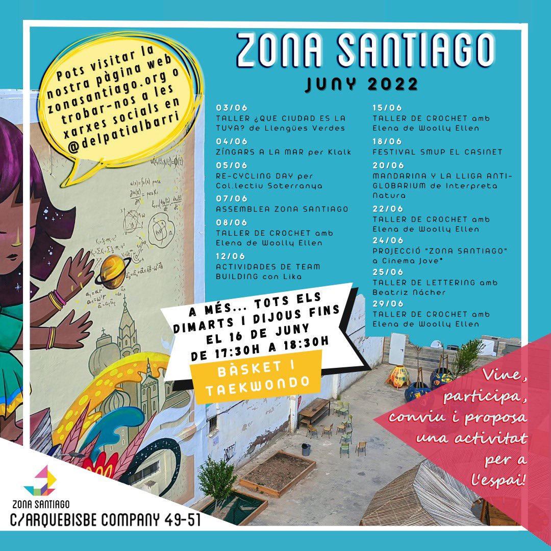 ¿Vols saber que tenim preparat aquest mes de Juny? 😬😬

Agafa paper, boli i pren nota📝

#DelPatiAlBarri #ZonaSantiago #espaicomunitari #Cabanyal #Valencia