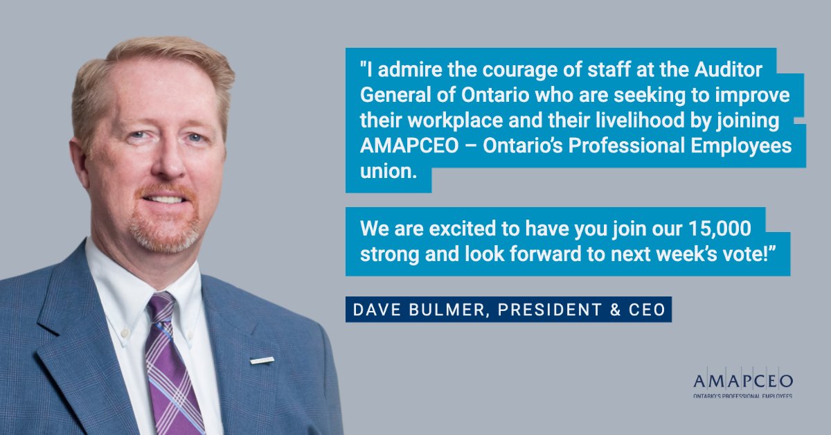 AMAPCEO's tweet image. We applaud the hardworking professionals at the Auditor General of Ontario for their efforts to unionize with AMAPCEO.

Every worker deserves equitable treatment, a safe + respectful workplace, and fair compensation. That’s what unions ensure. We look forward to next week’s vote!