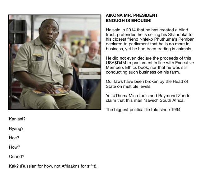 niehaus_carl's tweet photo. Aikona Pres. @CyrilRamaphosa! 

ENOUGH IS ENOUGH! 

#RamaphosaMustGo! https://t.co/01yOmHNevN