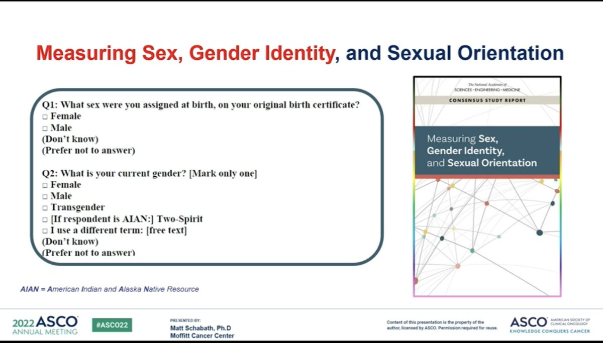 ivybelkins's tweet photo. Very important presentation at #ASCO22 by Dr Matthew Schabath on why it is important to identify #LGBTQIA patients with cancer and the right questions to ask! At least 7 cancer types disproportionately affect these populations, including #lung! #lcsm #disparities #SOGI @OncoAlert https://t.co/FR526ZQGv0