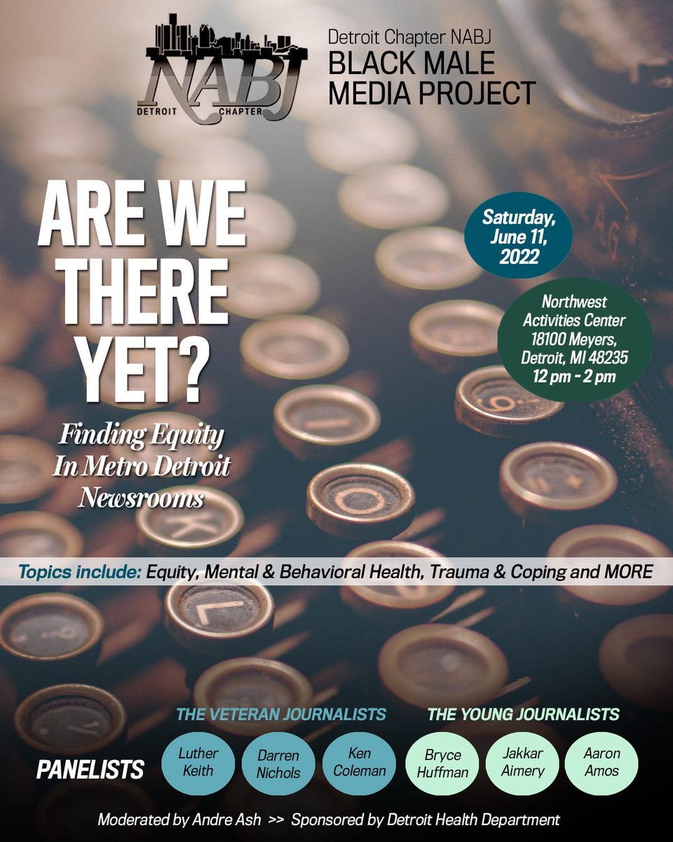 gcrjohnson's tweet photo. Check out "Are We There Yet?: Finding Equity in Metro Detroit Newsrooms - DCNABJ BMMP" on Eventbrite! Date: Sat, Jun 11 • 12:00 PM EDT
Location: 18100 Meyers Road, Detroit, MI 48235
https://t.co/BuJqR7wNnv #media #JournalismMatters #blm #blackmen #detroitmedia #mediaexcellence https://t.co/XZkYbmotGN