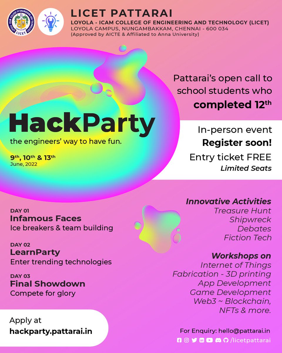 licetpattarai's tweet photo. Are you a student graduating school this year?
Learn the engineer's way to have fun by enrolling yourself QUICK for the HackParty 2022.
Grab your seat before its too late!
#engineering
#technology
#science
#fest
#LICET
#LICETformation
#competition
#entertainment https://t.co/05EMiy7aIw