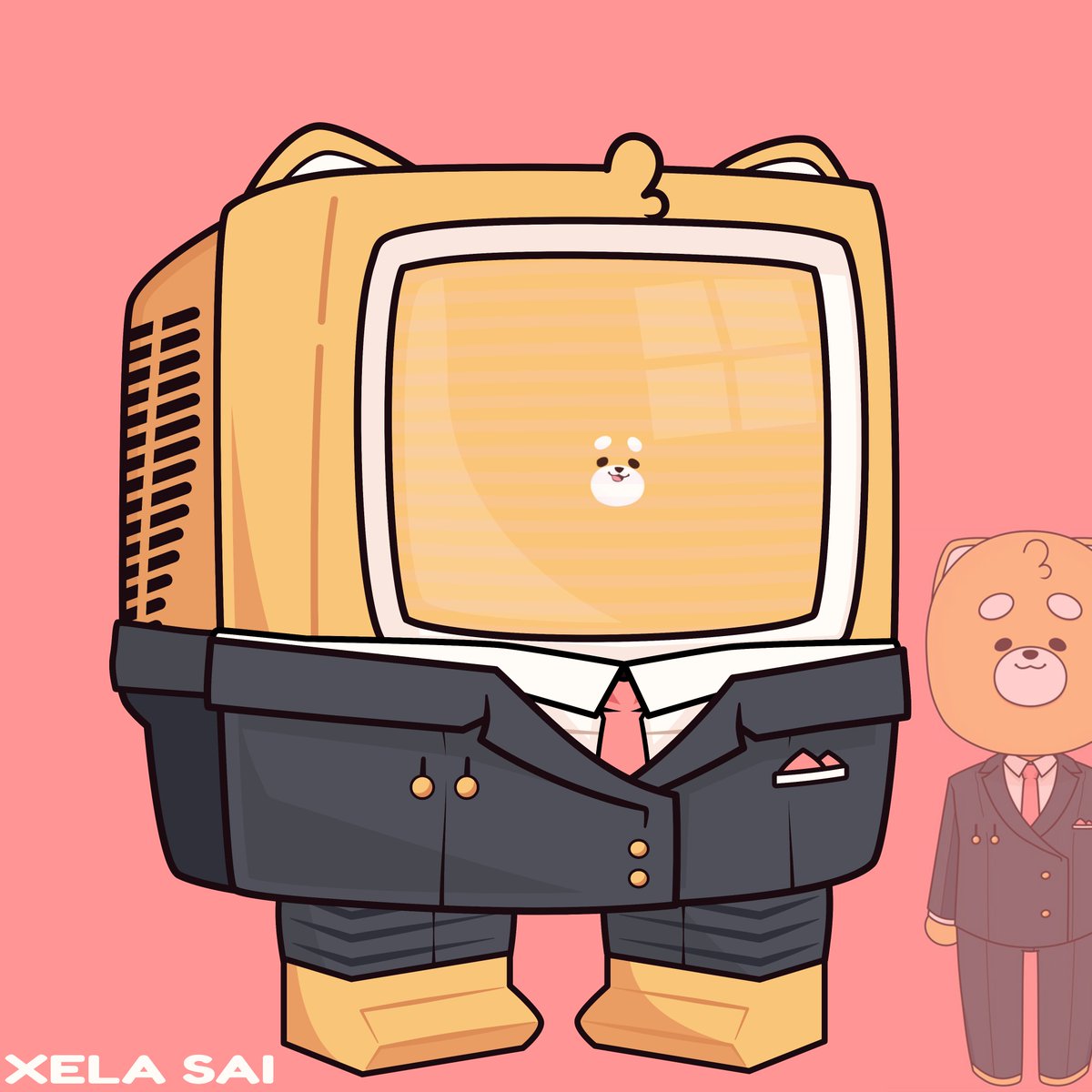 calumwri's tweet photo. Next up in the Vtuber Cosplay Fanart series is artist and live2d rigger Xela Sai, the besuited shiba. Bonus using the wallpaper they made of themselves #ARTXELA https://t.co/KHFgew6QHq