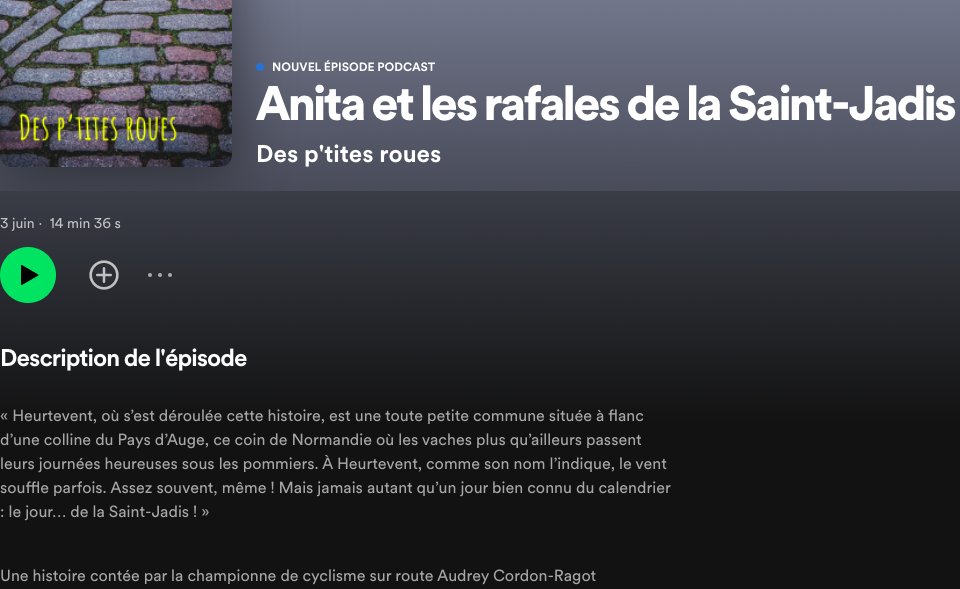 Heureuse de participer au podcast «Des p’tites roues» et de conter l'histoire : «Anita et les rafales de la Saint-Jadis». 🎙

📻 Belle écoute sur Spotify, Deezer ou Anchor ⬇️ open.spotify.com/show/17ohB37pd…