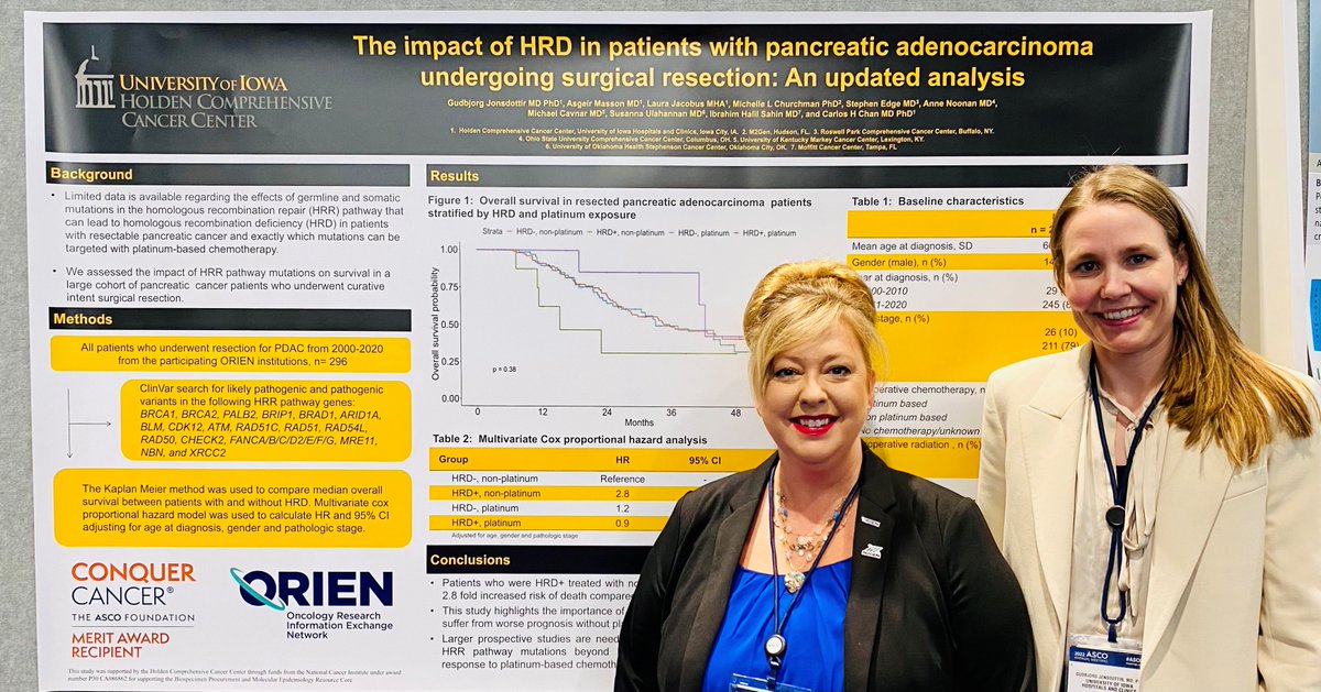 #M2GEN’s Dr. Michelle Churchman (<a href="/ml_churchman/">Michelle Churchman</a>) joins Dr. Gudbjorg Jonsdottir (<a href="/gudbjorgjon/">Gudbjorg Jonsdottir, MD PhD</a>) at #ASCO22 as she presents work from her #ORIEN Intermember project: “The impact of HRD in patients with pancreatic adenocarcinoma who undergo surgical resection: an updated analysis.”