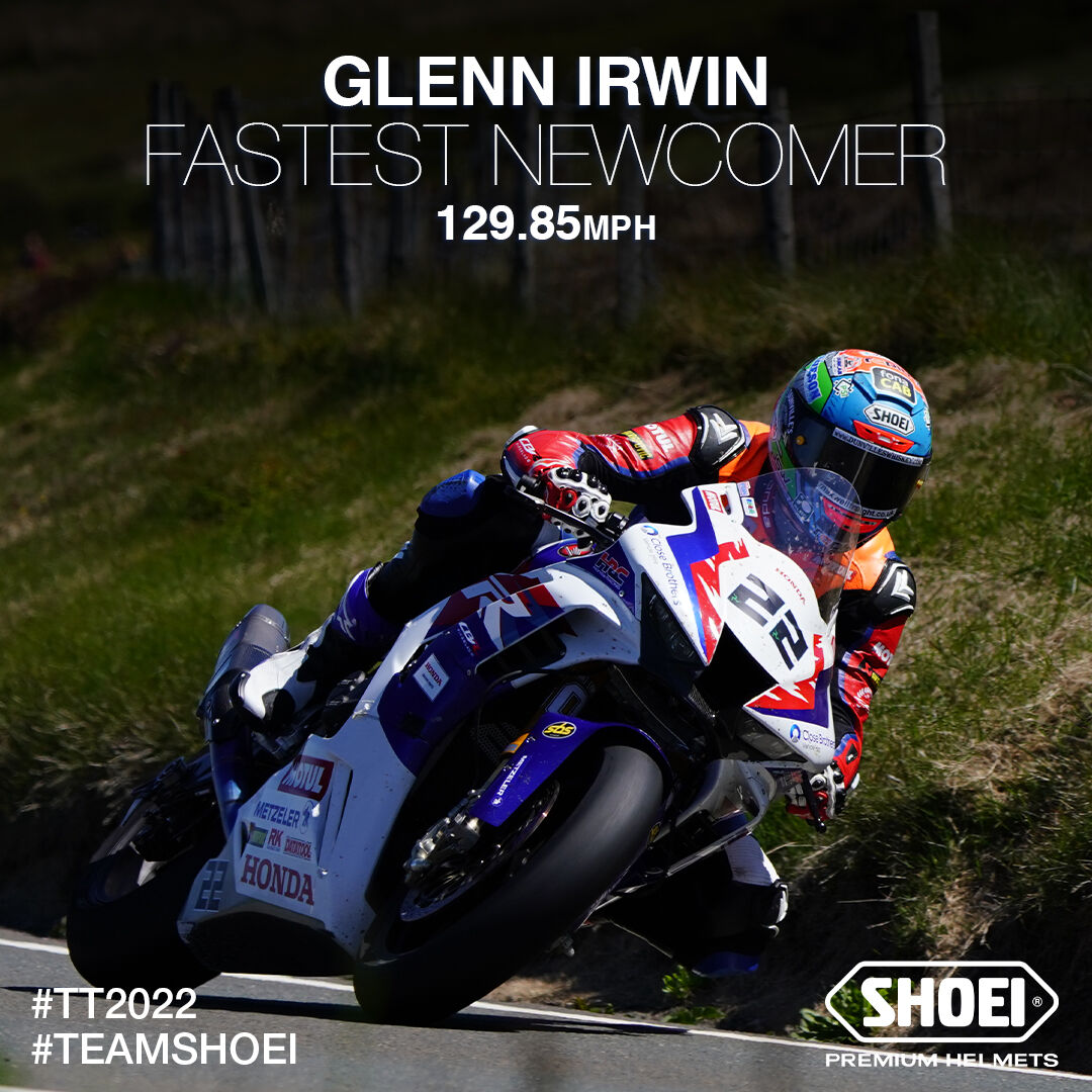 Congratulations to Glenn Irwin who has has officially taken the title as the TT’s fastest newcomer with a lap speed of 129.85mph on his debut in the RST Superbike TT. #Shoei #ShoeiXspirit3 #ShoeiHelmet #TT #IOMTT #IsleOfManTT #RoadRacing #DeanHarrison #DaveyTodd #GlennIrwin