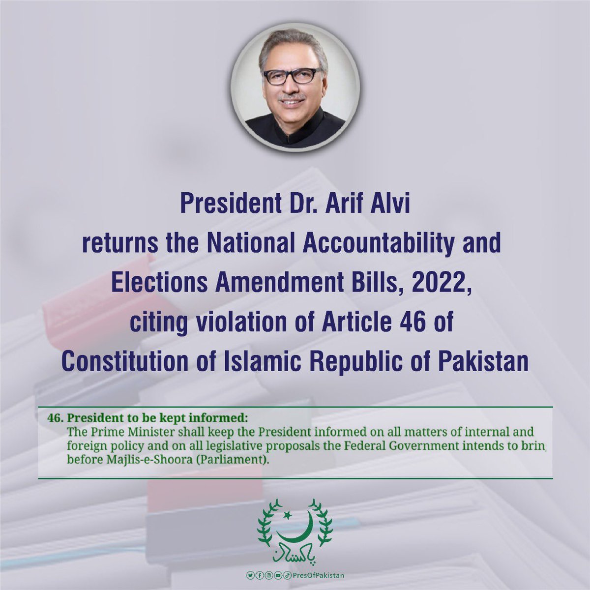 PTIofficial's tweet photo. “Full document” sent by President Dr. Arif Alvi as he returned the NAB and Elections Amendment Bills 2022.
Elections Amendment:
https://t.co/xxvuDDTC1p
NAB:
https://t.co/jSRxyeNwIA https://t.co/DwpJpvCcQt https://t.co/ds5xFw1rlw