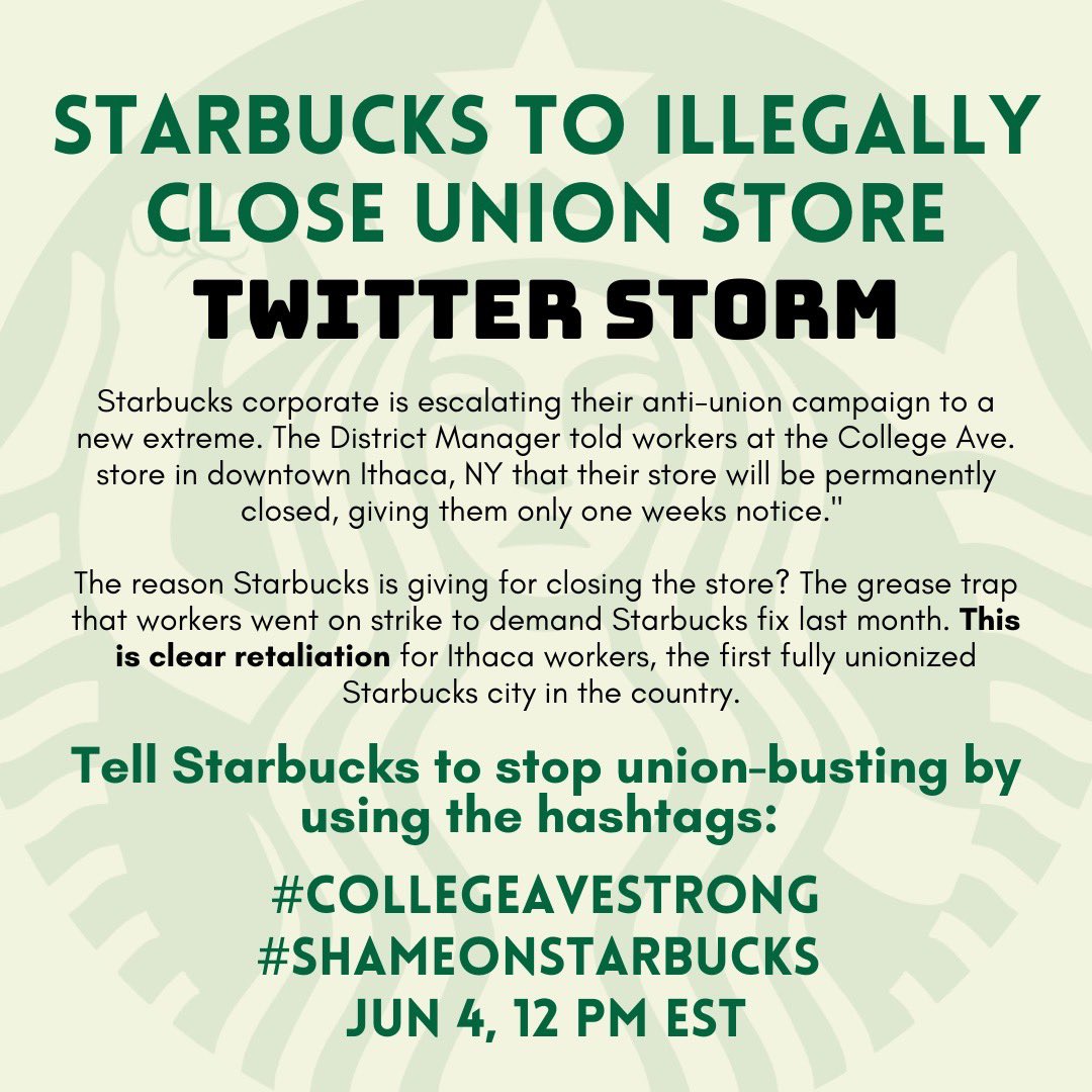 This is one of the most egregious actions we’ve seen from Starbucks to date. They’re openly defying labor law and daring the NLRB to do something. Make no mistake this is coming to make an example of the militant leadership of the College ave @SBWorkersUnited workers, plz support