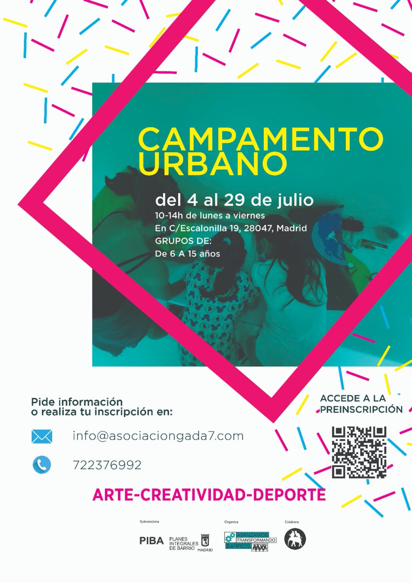 gada_asoc's tweet photo. ☀️CAMPAMENTO URBANO☀️

🗓️ Del 4 al 29 de Julio, Lunes a Viernes
🕒 De 10h a 14h
🤹 Grupos de 6 a 15 años
🗺️ En c/ Escalonilla n19 

➡️ Preinscripción: https://t.co/GCevlSGtXN

📩Pide información o preinscripción en info@asociaciongada7.com o 722376992 https://t.co/ZXtPfQmBhh