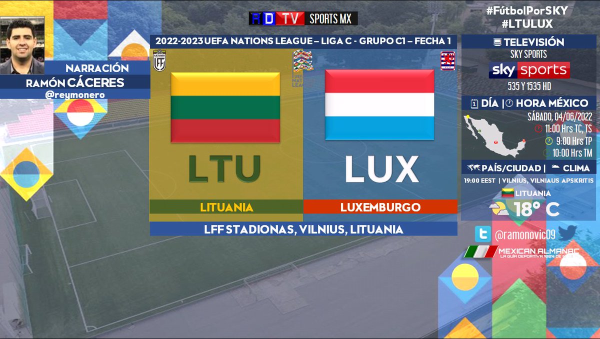 ramonovic09's tweet photo. #UEFANationsLeague #LigaC #Fecha1 | @ltfutbolas 🆚 @flf_lu
🇱🇹 #Lituania 🇱🇺 #Luxemburgo
🗓️ Hoy
🇲🇽 ⏰ 11:00 Hrs TC, 9:00 Hrs TP
📺 @SKYSportsMX 535 y 1535 HD
📱💻 @BlueToGoSports
🎤 @reymonero
#FutbolPorSKY #RoadToQatar2022 #LTULUX https://t.co/ELjh9hEq2B