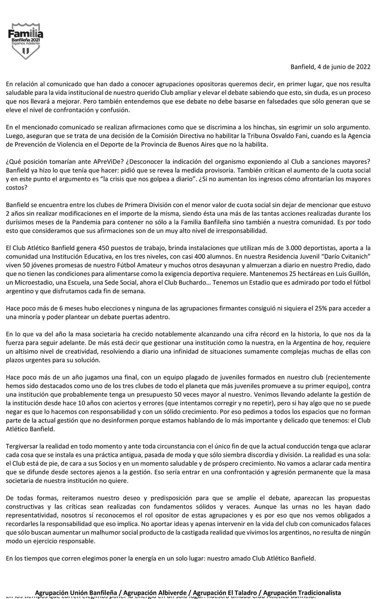 FamiliaBanfield's tweet photo. Palabras para toda la Familia Banfileña https://t.co/Wap4PlCvC2
