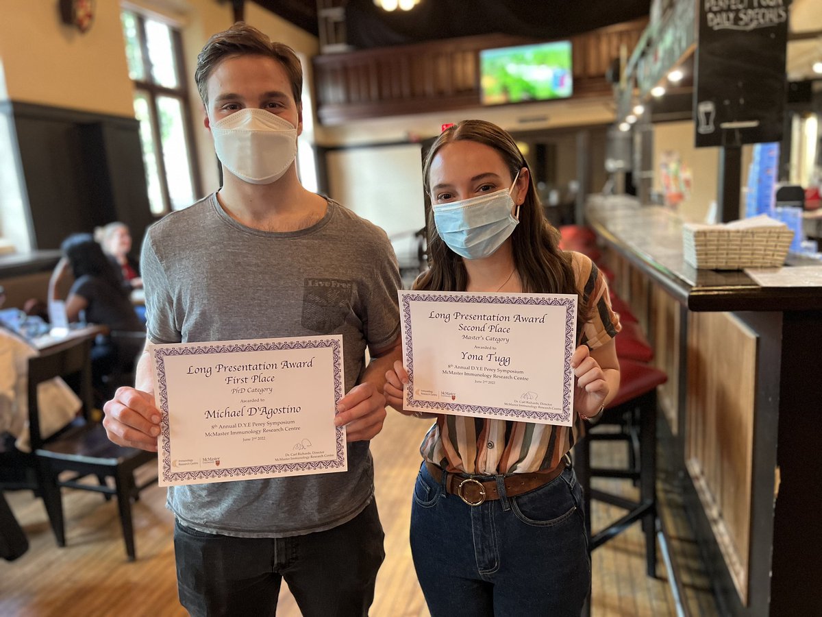 Millerlab_atMac's tweet photo. Big “ups” to Mike D’Agostino and Yona Tugg from @Millerlab_atMac for their award-winning oral presentations at the @MacImmunology Perey Symposium! Watch out for these two!
Now enroute to #CSV2022!!!
@MacGlobalNexus @McMasterIIDR @CanSocVirol https://t.co/HXJSAOetTj