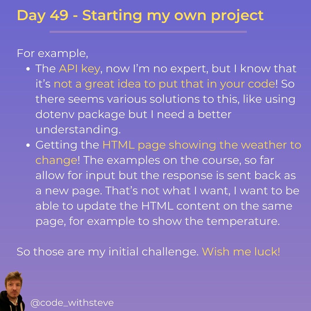 code_withsteve's tweet image. Hello friends 👋 So it’s day 49 of #100daysofcode 🙂 Time to leave the class room behind and branch out on my own for a while. Any tips?
.
🏷
#webdevelopment #softwareengineer #technology #coding #stem #softwaredeveloper #programmer #codingtips #frontend #backend #learntocode