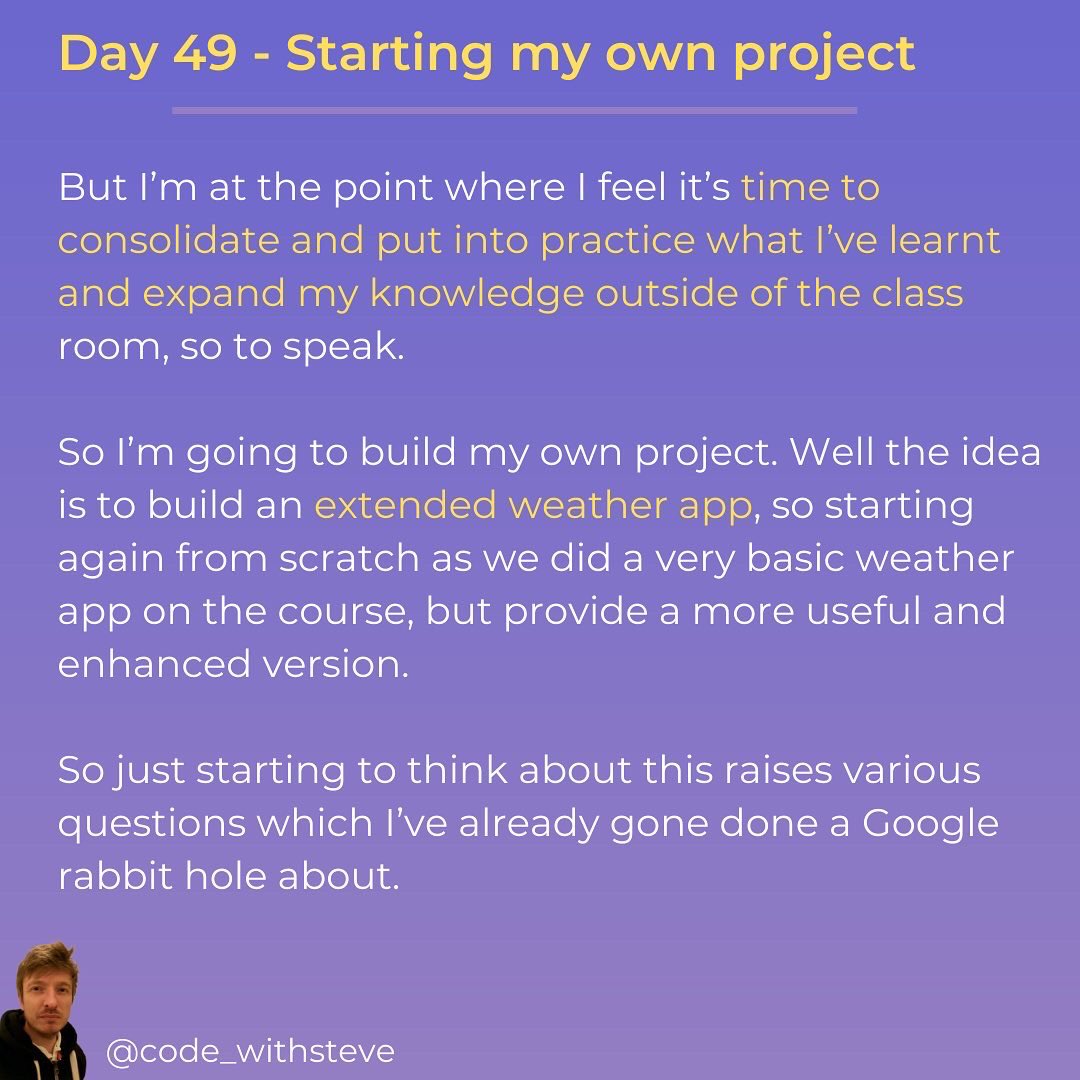 code_withsteve's tweet image. Hello friends 👋 So it’s day 49 of #100daysofcode 🙂 Time to leave the class room behind and branch out on my own for a while. Any tips?
.
🏷
#webdevelopment #softwareengineer #technology #coding #stem #softwaredeveloper #programmer #codingtips #frontend #backend #learntocode