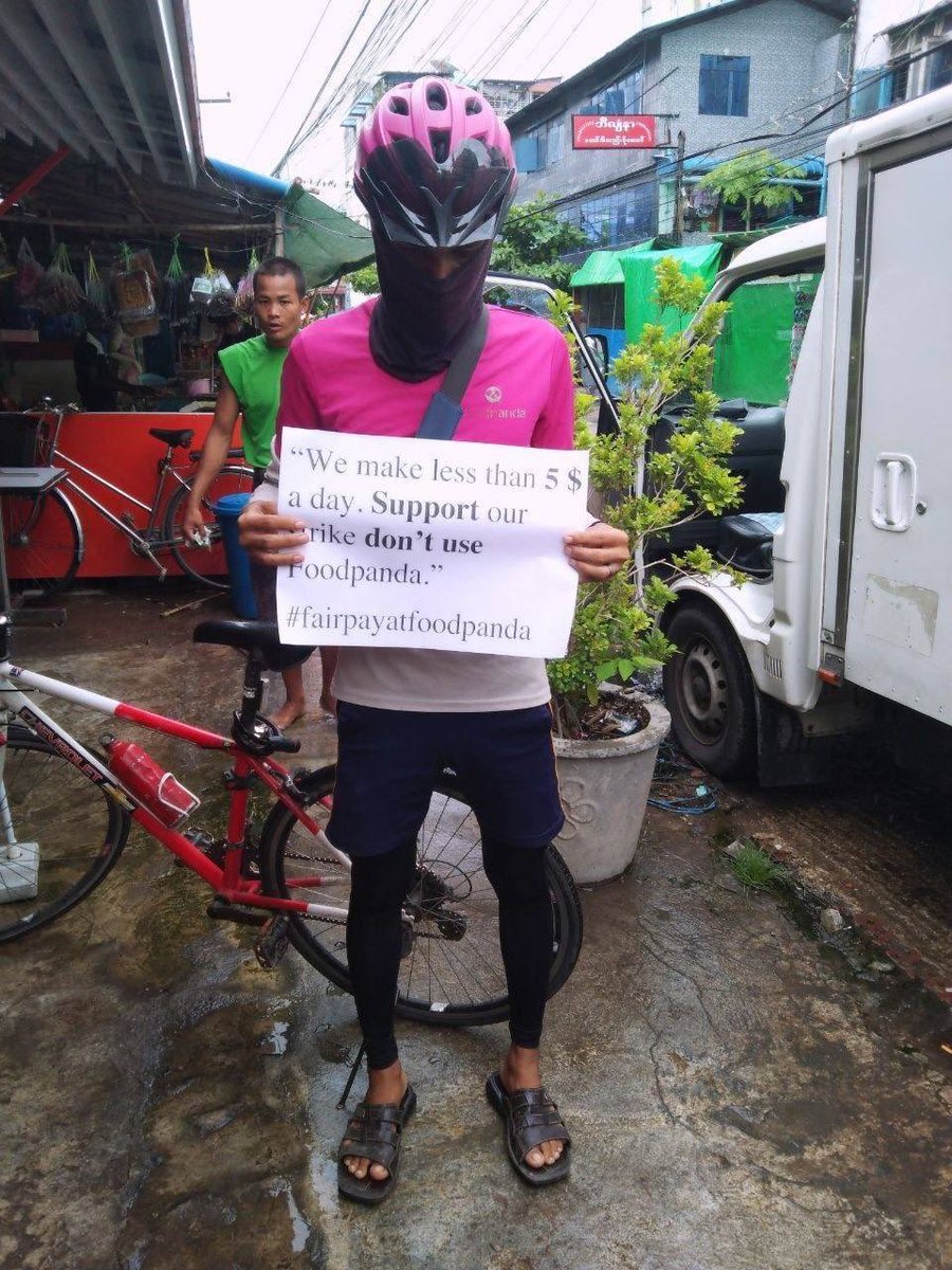 Non-union FoodPanda delivery workers in #Myanmar are going on strike June 6 demanding a #union and a raise. 

Support them, retweet and don’t use FoodPanda until they recognize their workers’ union and their workers’ worth. #FairPayAtFoodPanda #1u