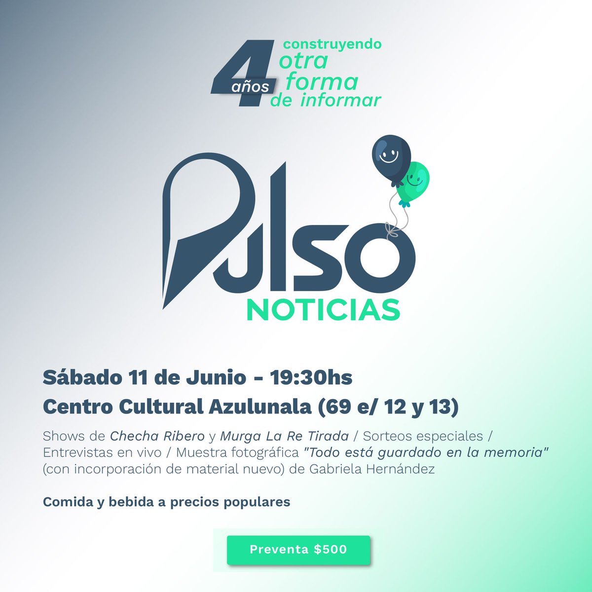 pulsonoticiasok's tweet photo. ¡Pulso Noticias cumple cuatro años de periodismo cooperativo! | ¿Venís? 
•El sábado 11 de junio
•Desde las 19:30 hs. 
•En AzulUnAla, calle 69 entre 12 y 13. 
#PulsoCumpleCuatro #PeriodismoCooperativo #DesdeLaCalle #HayOtraFormaDeInformar 
#LaSalidaEsColectiva https://t.co/HOKT6rrR1d