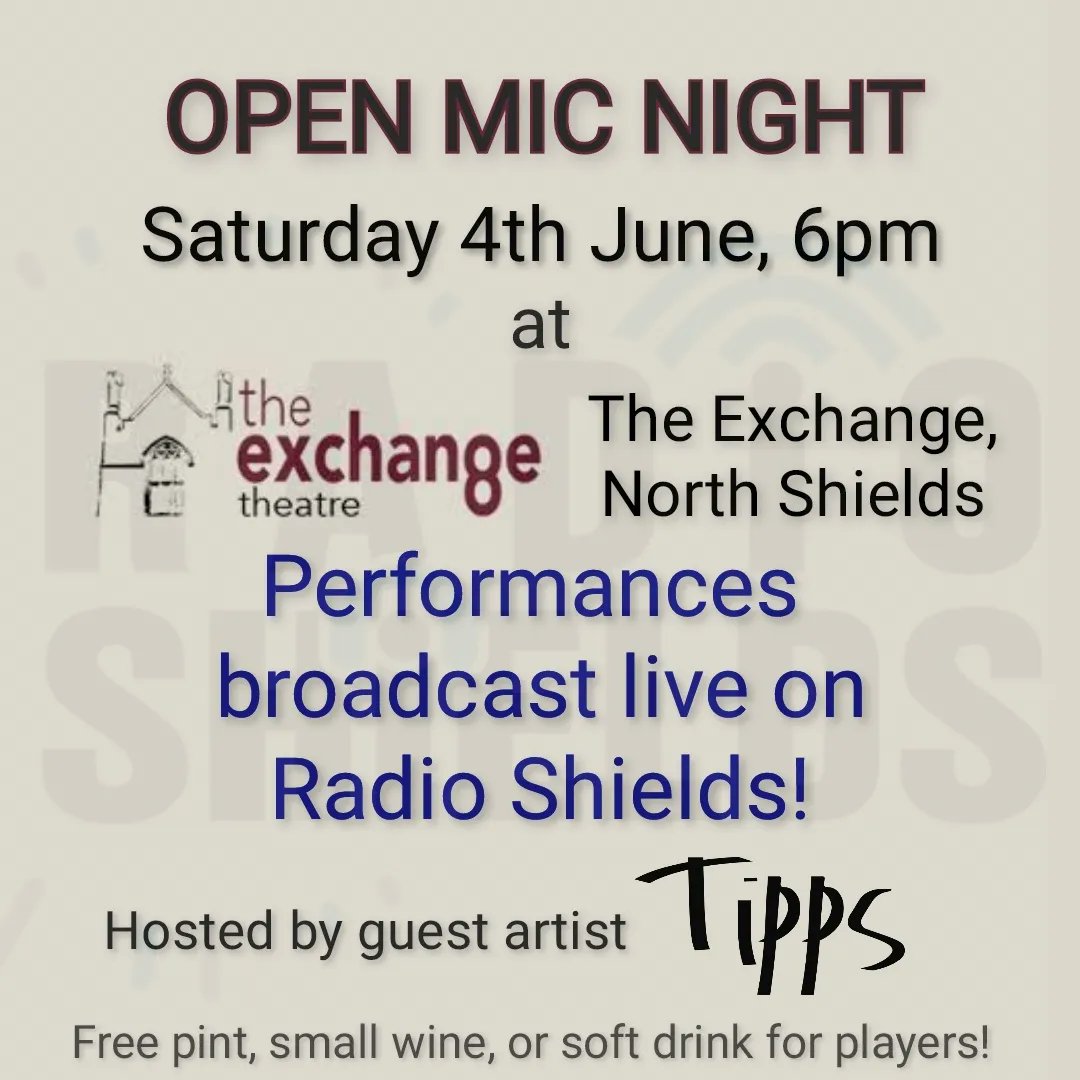 TippsMusic's tweet photo. Tonight! Open Mic Night at The Exchange, North Shields 🎶

Free drink for players, plus sets will be streamed live on Radio Shields 📻 Musicians, poets, comics - get yourself along and get heard!

6pm until 10pm - see you there! https://t.co/v4ZPwAMkxN