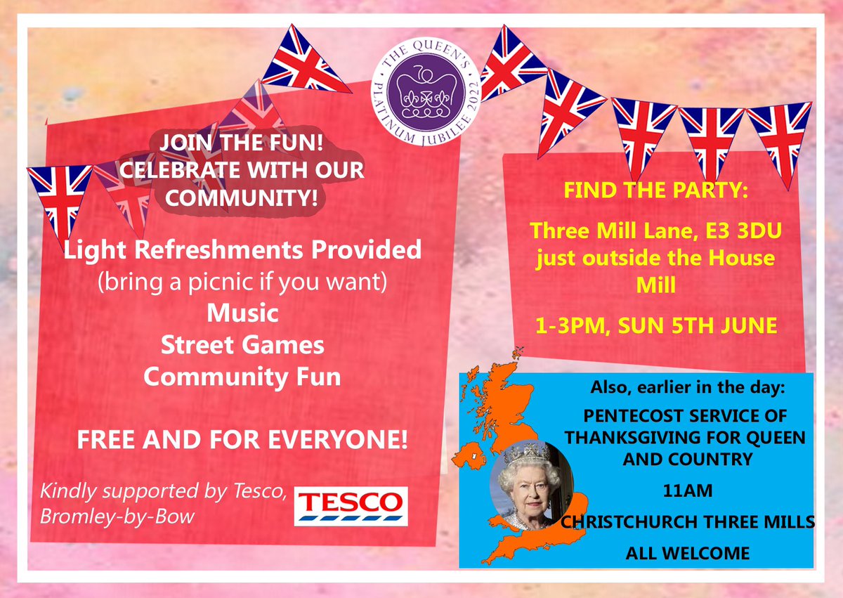 RevdDanScott's tweet photo. Join us tomorrow at #Threemills outside the House Mill to celebrate the Jubilee together.
Cake, drinks, games, music and community vibes. All welcome!
#Newhamcelebrates
#PlatinumJubilee https://t.co/EVoXZ2fAKI