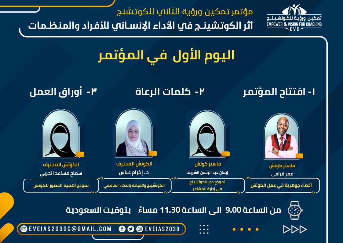 #تمكين_ورؤية للكوتشينج
فعاليات اليوم الأول لمؤتمر تمكين ورؤية الثاني للكوتشينج 

تحت شعار: اثر الكوتشينج في الأداء الإنساني للأفراد والمنظمات

1- افتتاح المؤتمر 
2- كلمات الرعاة
3- أوراق العمل  

موعدنا معكم من الساعة 9:00 الى 11:30 مساءً بتوقيت السعودية 

رابط الحضور في التعليق