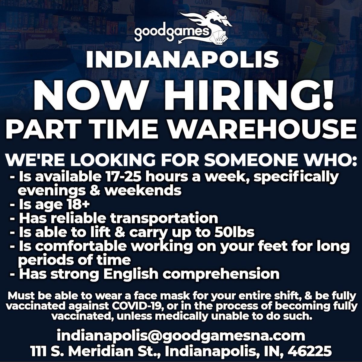 goodgamesindy's tweet photo. WE'RE HIRING! Looking for a part-time job? Enjoy working in a socially progressive environment that hosts a diverse community? Good Games Indy is hiring for our warehouse! Come work with a small, but diversifying &amp; growing team :) Send your resume to indianapolis@goodgamesna.com https://t.co/vuve7xJceL