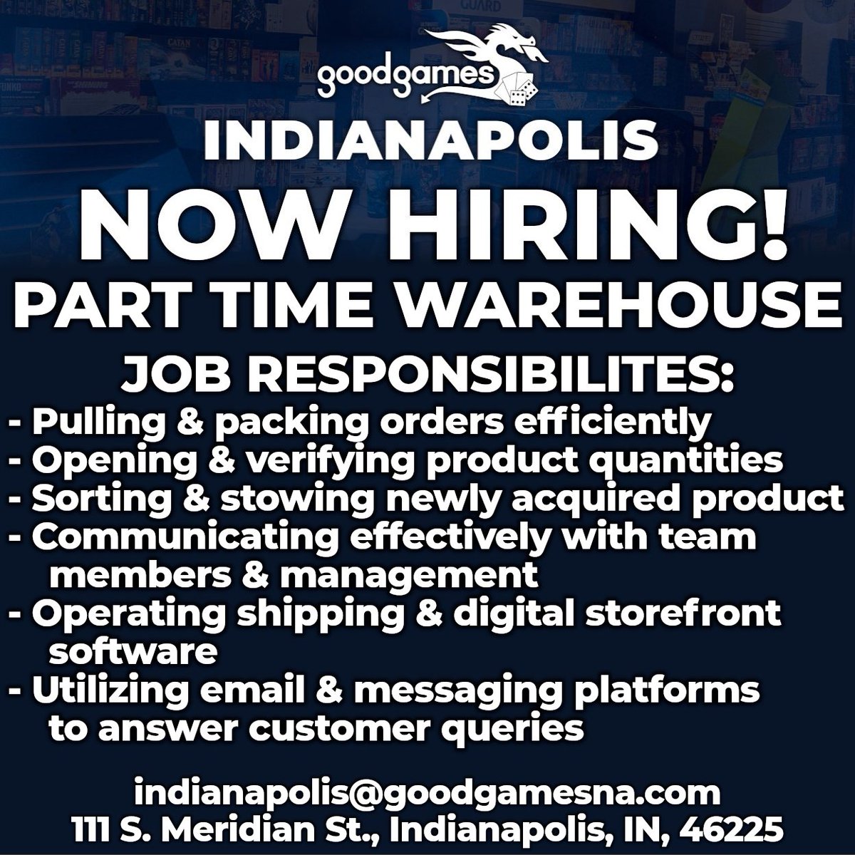 goodgamesindy's tweet photo. WE'RE HIRING! Looking for a part-time job? Enjoy working in a socially progressive environment that hosts a diverse community? Good Games Indy is hiring for our warehouse! Come work with a small, but diversifying &amp; growing team :) Send your resume to indianapolis@goodgamesna.com https://t.co/vuve7xJceL