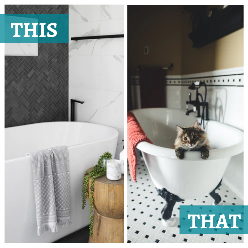 Which do you like better: a deep modern soaking tub or a classic clawfoot? Reply and let us know!👇 (Sorry, cat not included!) #ThisOrThis #BathroomInspo