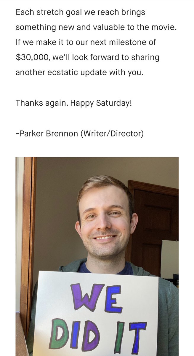 ChrisTrengove's tweet photo. We did it: $20,000 in just 4(!) days!

Thank you so much ‼️‼️

Congrats to @ParkerBrennon, @RobJarosinski, @enidjcoleslaw, and the whole @HauntologyMovie team.

Next is our 1st stretch goal: $30K!

This IS happening, and we can’t wait for you to see it!
https://t.co/gMKnYtI2NM https://t.co/rhvSX5x1Zj