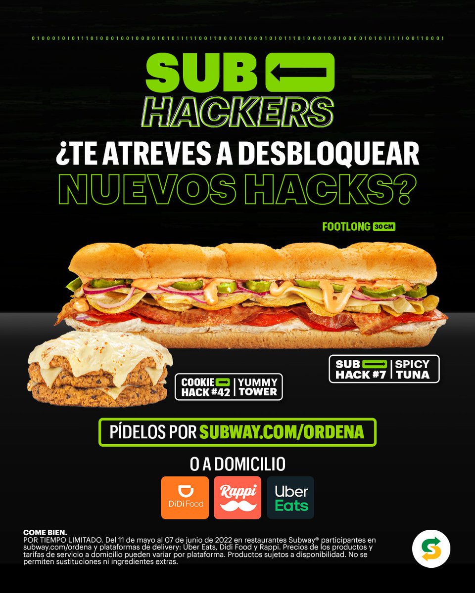 subwaymexico's tweet photo. ¡Hackeamos tus productos favoritos! Pruébalos y cuéntanos, ¿qué hacks aplicas tú? 😋🙌
Pide por las apps de delivery o en https://t.co/UfO4HHxfzK.
#SubHackers https://t.co/l8u80CLKJU