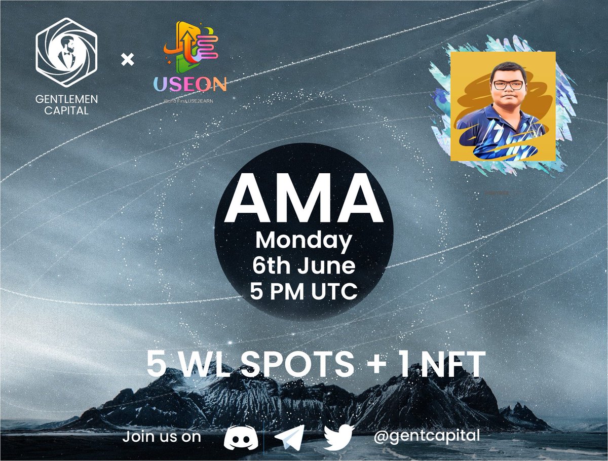 GentCapital's tweet photo. 🎙️Announcing Discord Text AMA with @USEON_BSC !

❓Post your questions for the AMA on this thread bellow

🔥Reward: 5 x WL SPOTS + 1 Lucky NFT WINNER !

ℹ️ Actions:

► Join: https://t.co/VFj5wH5lSz
► Send your questions on this tweet,
► Follow: @USEON_BSC 

#useon #BSC https://t.co/1Jy80zJJQo