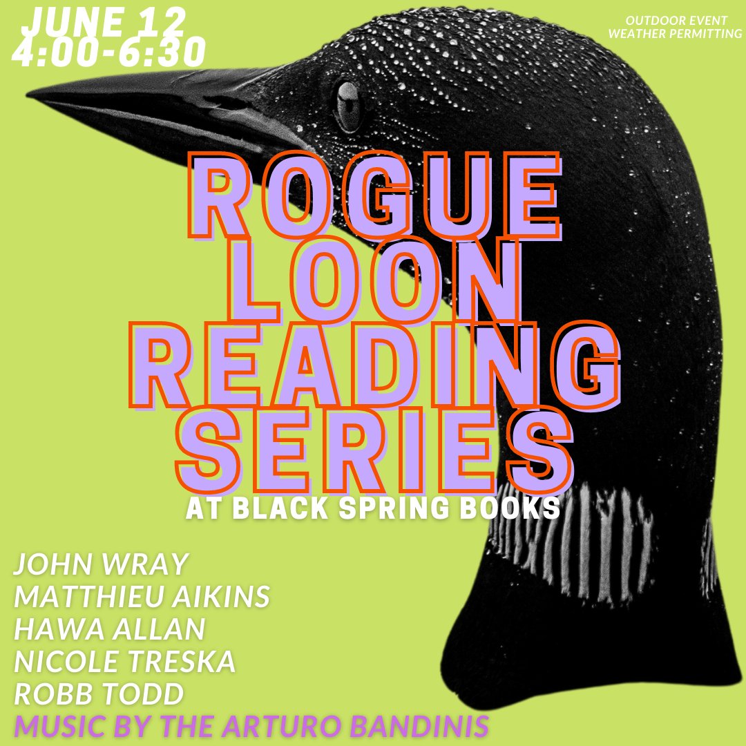 rogueloon's tweet photo. Hi folks,

One more time around with the Rogue Loon before migration to parts unknown. Join us on Sunday, June 12th for an AFTERNOON event (4 pm, 672 Driggs) that will include readings by @John_Wray, @mattaikins, @konima1, @ntreska, &amp; @robbtodd.

w music from the Arturo Bandinis https://t.co/W3WD457kuP