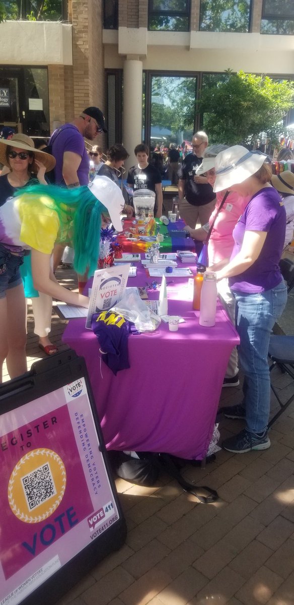 LWVFairfax's tweet photo. #RestonPride 2022 is a blast! Out here on a gorgeous day registering voters. @LWV's  mission: empowering voters, defending democracy! We do the work! https://t.co/wQFuphD1yX