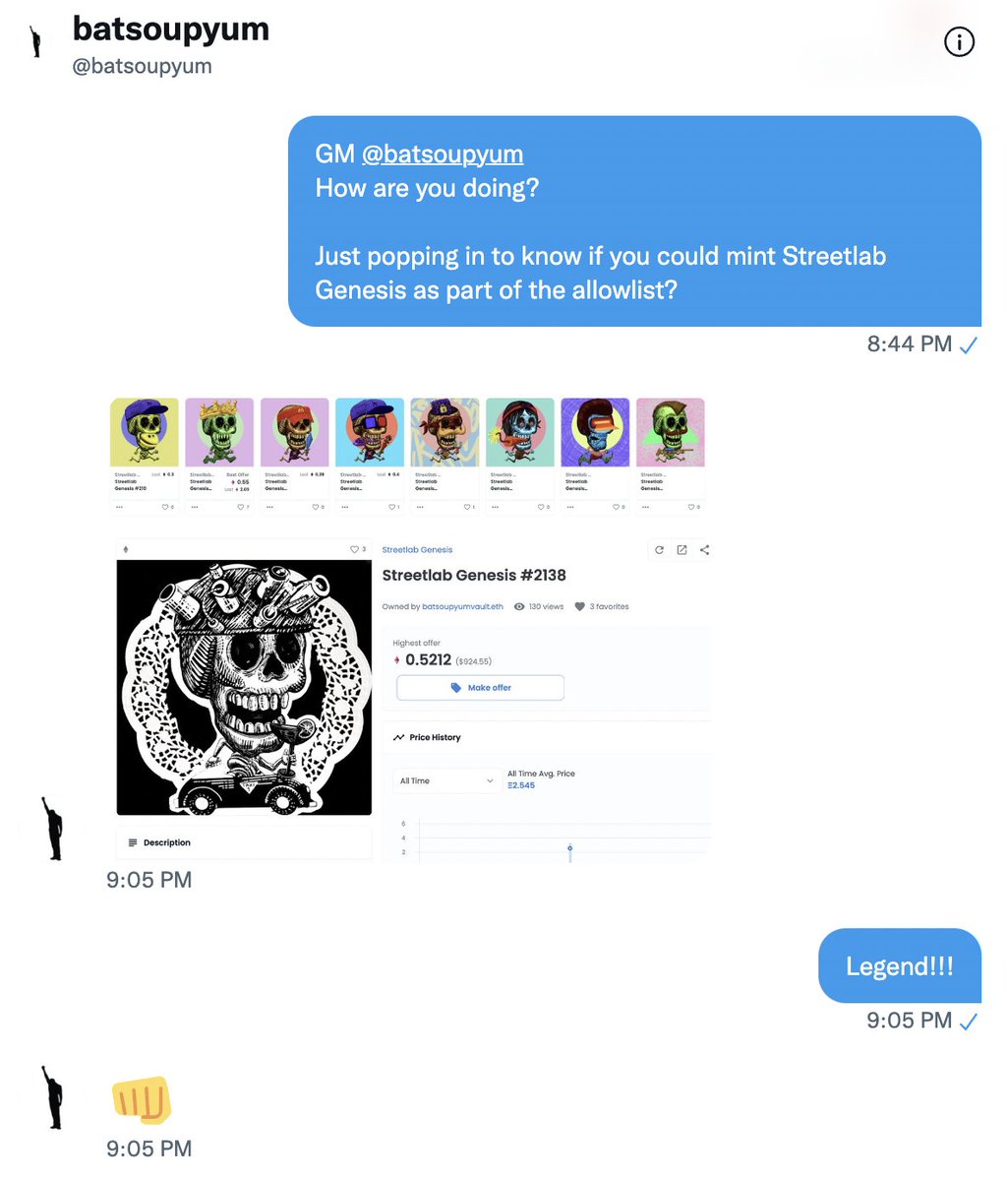 Streetlab_io's tweet photo. This kind of heartwarming support... ❤️‍🔥

Thank you @batsoupyum for believing in https://t.co/8YtGfojL96 mission 🙏

LFG #StreetArtNFT 🚀 https://t.co/EknJQKoh3S
