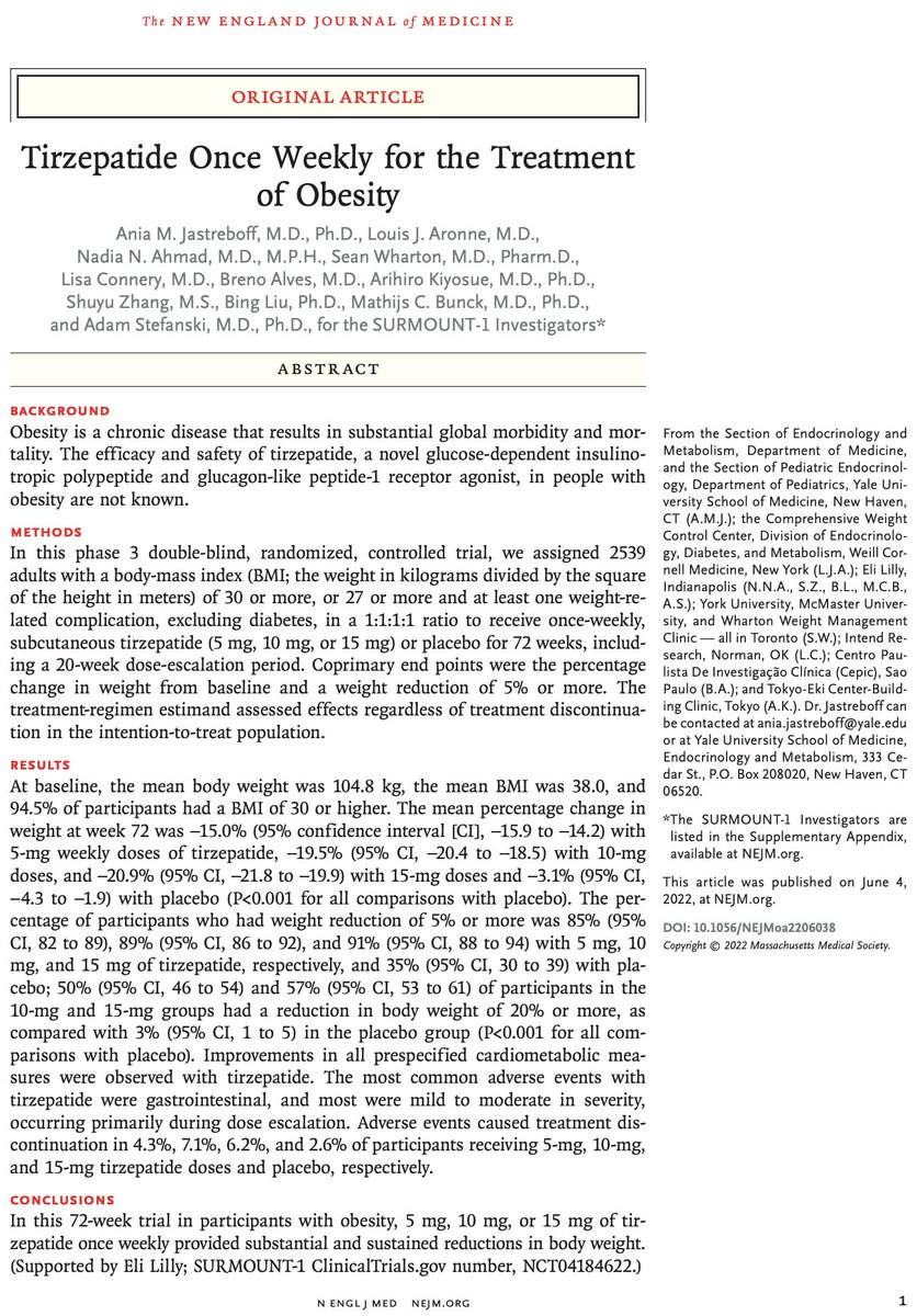 pnatarajanmd's tweet photo. Impressive reduction in weight from tirzepatide once weekly vs placebo among individuals with mean BMI of 38 https://t.co/LpM8nT2paw @NEJM #ADA2022 #ADA https://t.co/dlOVlgLTMv