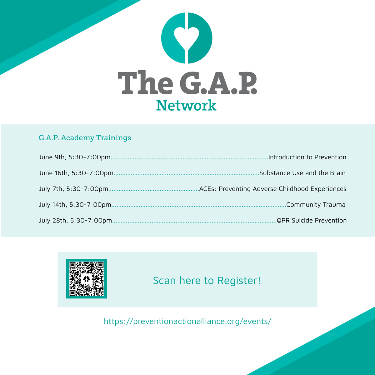 PreventionAA's tweet photo. The G.A.P. Academy Training – Introduction to Prevention is coming up on Thursday, June 9. Register for this virtual event by visiting https://t.co/EhhqRyQOl6.

#myroleinprevention #GAPnetwork https://t.co/blpWlt3Evn