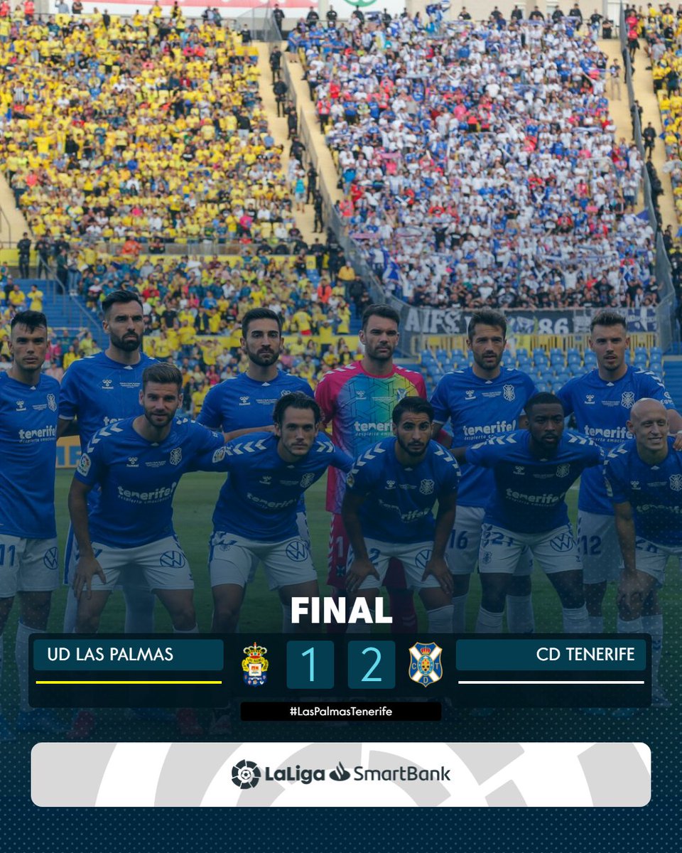 LaLiga's tweet photo. FINAL #LasPalmasTenerife 1-2 (1-3) 

✅ Ganar las dos eliminatorias del derbi canario.
✅ Clasificarse para la final del play-off. 

💙🎉🤍 ¡El @CDTOficial está 𝙖 𝙨𝙤𝙡𝙤 𝙙𝙤𝙨 𝙥𝙖𝙧𝙩𝙞𝙙𝙤𝙨 𝙙𝙚 𝙫𝙤𝙡𝙫𝙚𝙧 a #LaLigaSantander! 

#UnidosPorElPlayOff
#LaLigaSmartBank https://t.co/7DlLJZDLTs