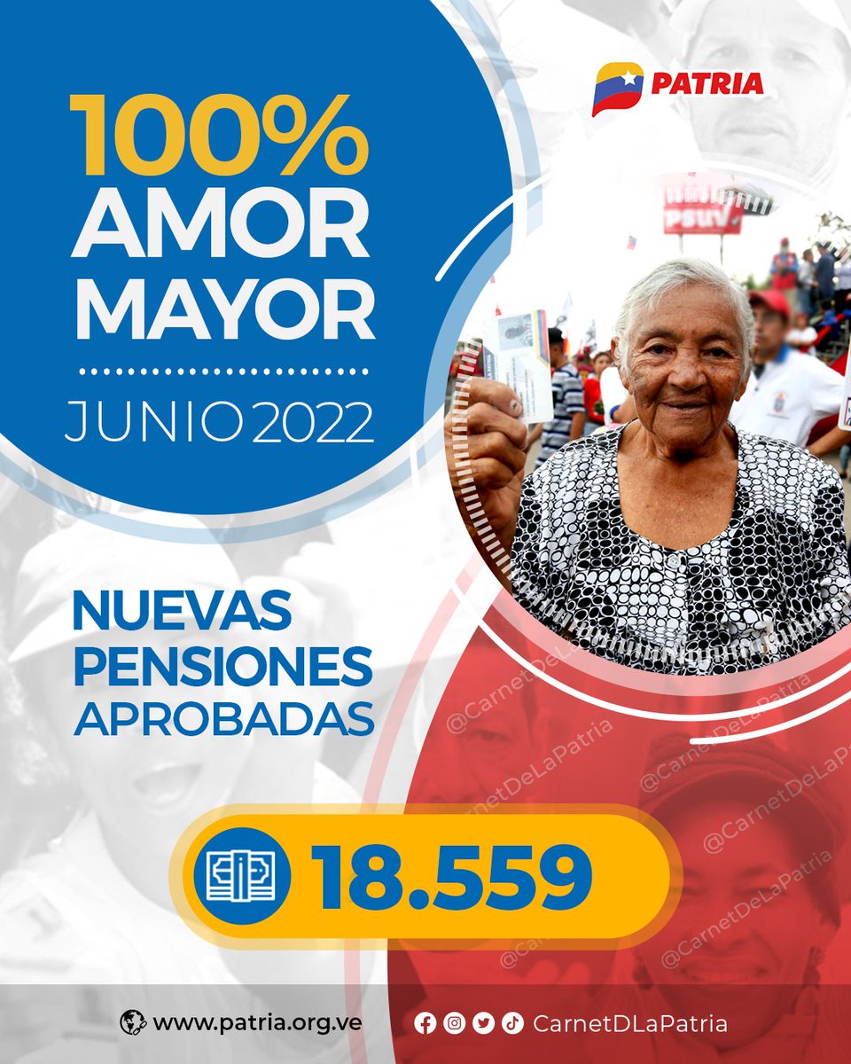 CarnetDLaPatria's tweet photo. #IMPORTANTE El Presidente @NicolasMaduro, aprobó la entrega de 18.559 nuevas pensiones de la Gran Misión en #AmorMayor. 

El #CarnetDeLaPatria, es el abrazo amoroso de la Revolución para la protección de l@s venezolan@s.

#VenezuelaContraTANCOL #4Jun https://t.co/j5MPJGeWwx