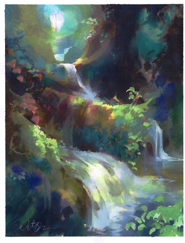 NathanFowkesArt's tweet photo. Jungle falls, watercolor and gouache. https://t.co/1MsXt47PBU