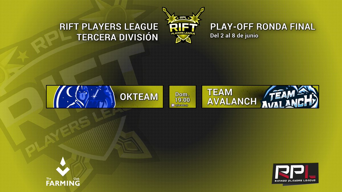 RankedPlayers's tweet photo. ¡No os perdáis mañana el enfrentamiento final de Play-Offs de #RiftTercera, donde sólo un equipo saldrá coronado ganador!

⚔️ @OKT_Club VS @AvalanchTeam
🗓️ 19:00h – Domingo
📺 https://t.co/zFEll65Don https://t.co/v4xQRdfSun