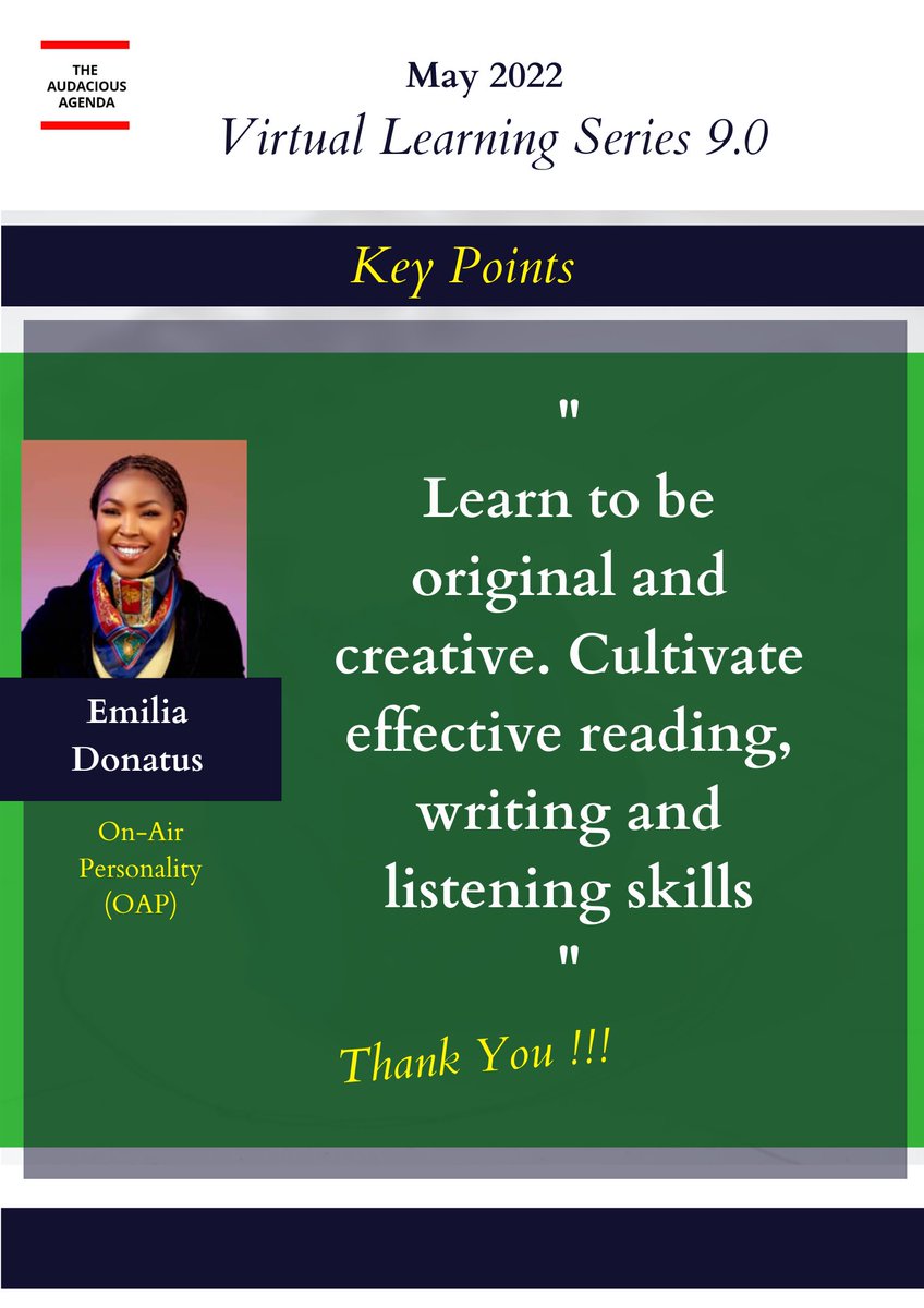 theAAgenda's tweet photo. Amazing Insights from AAYN Virtual Learning Series 9.0!!!
Our facilitator, Queen Emilia @DonatusBlessing shared great insights on "Activating Your Voice". The session was impactful! ⚡⚡⚡⚡
Watch out for more updates!
#10XtheVision
#TheAudaciousAgenda
#VirtualLearningSeries https://t.co/AYMD7ZqQnT