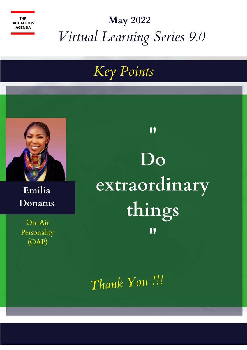 theAAgenda's tweet photo. Amazing Insights from AAYN Virtual Learning Series 9.0!!!
Our facilitator, Queen Emilia @DonatusBlessing shared great insights on "Activating Your Voice". The session was impactful! ⚡⚡⚡⚡
Watch out for more updates!
#10XtheVision
#TheAudaciousAgenda
#VirtualLearningSeries https://t.co/AYMD7ZqQnT