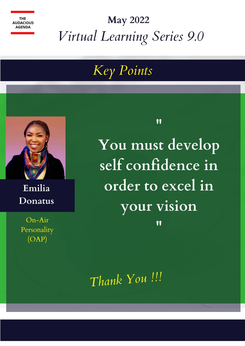 theAAgenda's tweet photo. Amazing Insights from AAYN Virtual Learning Series 9.0!!!
Our facilitator, Queen Emilia @DonatusBlessing shared great insights on "Activating Your Voice". The session was impactful! ⚡⚡⚡⚡
Watch out for more updates!
#10XtheVision
#TheAudaciousAgenda
#VirtualLearningSeries https://t.co/AYMD7ZqQnT