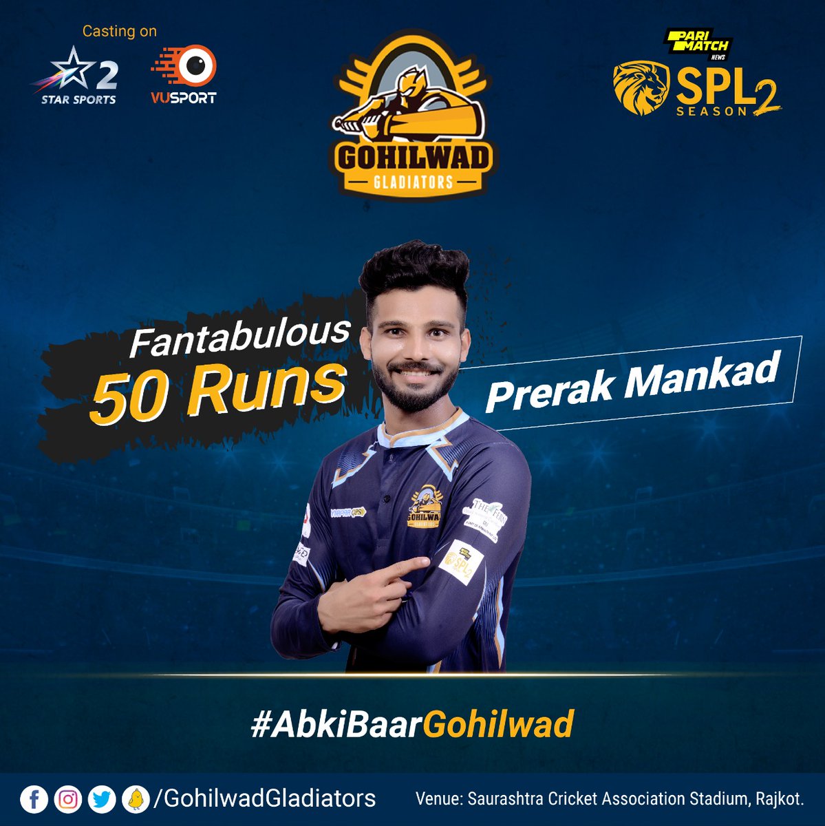 TeamGohilwad's tweet photo. Fantabulous 5️⃣0️⃣ 
@prerakmankad
🏏
.
.
.
#GohilwadGladiators #GGvsZR #playoffs #hitthepitch #power #spl https://t.co/FWMneWvYmB