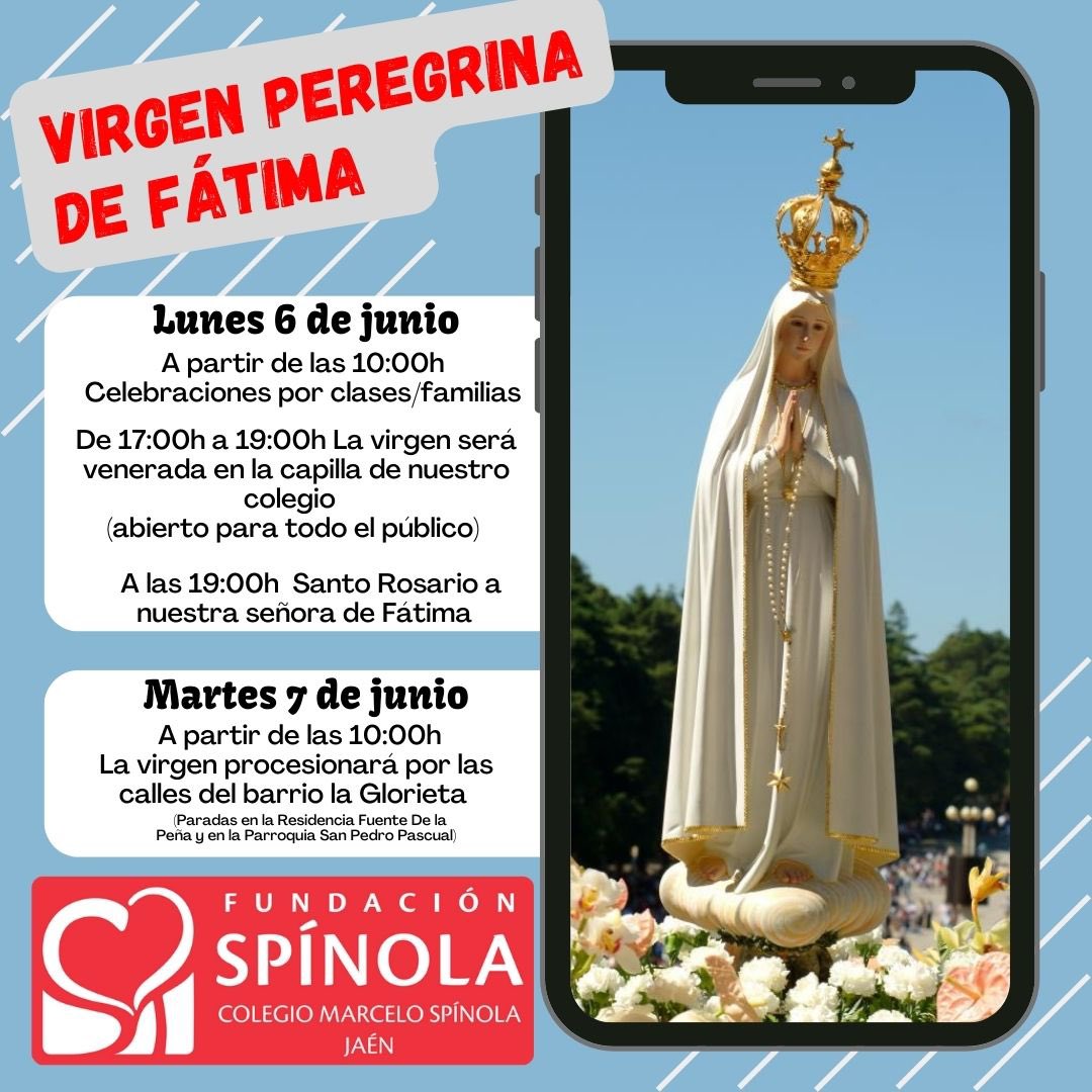 Los días 6 y 7 de junio viviremos en nuestro #colegio una oportunidad única de poder tener con nosotros a la #Virgen Peregrina de #Fátima 😍💐🇵🇹 Aquí os dejamos los actos que se van a llevar a cabo y no dudéis en venir a visitarla porque seguro que será una experiencia preciosa