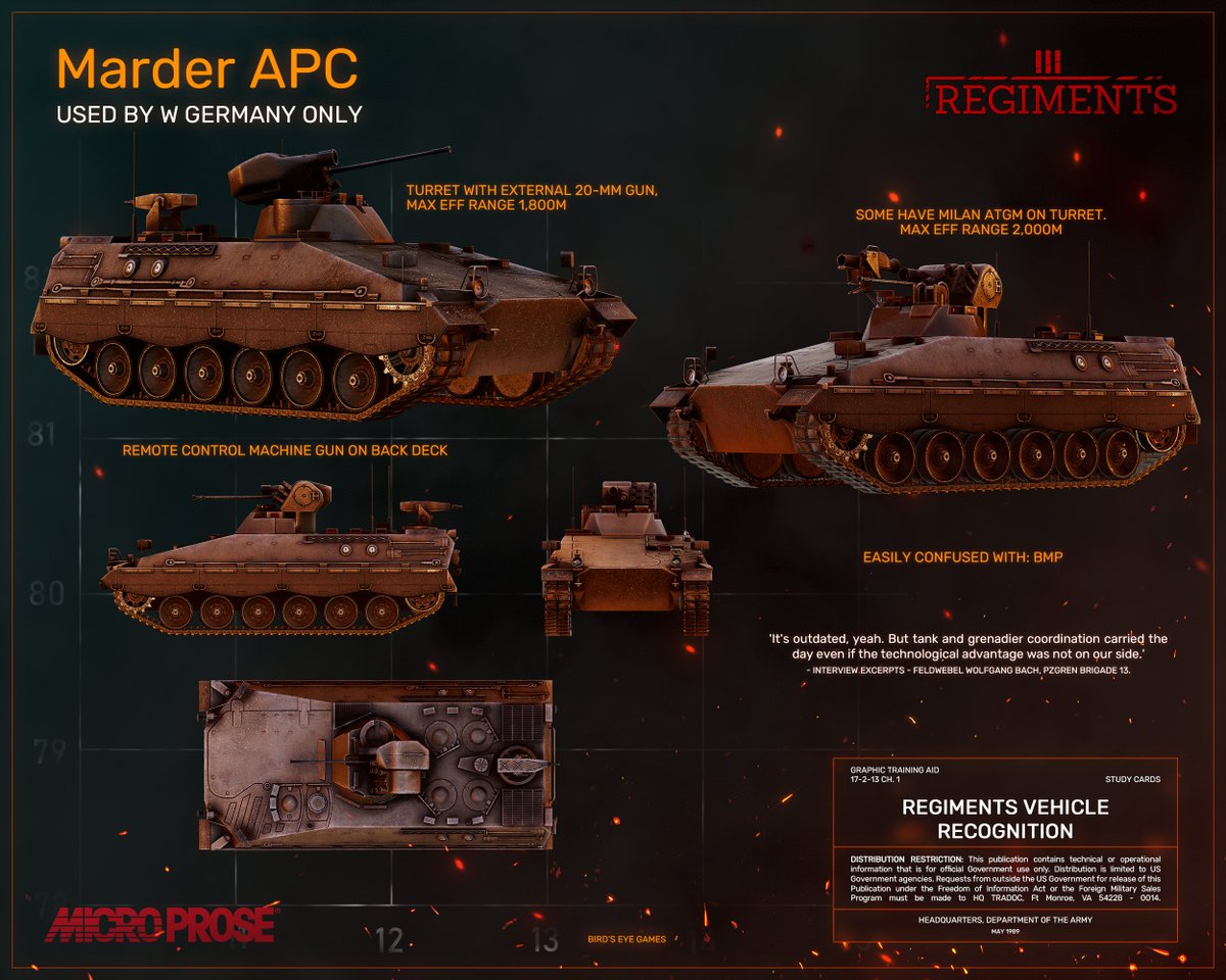 RegimentsRTS's tweet image. Vehicle Recognition Cards Part 3: Bundeswehr
Key vehicles of the West German Panzer and Panzergrenadier formations
#screenshotsaturday #microprose #pcgaming #gamedev #madewithunity