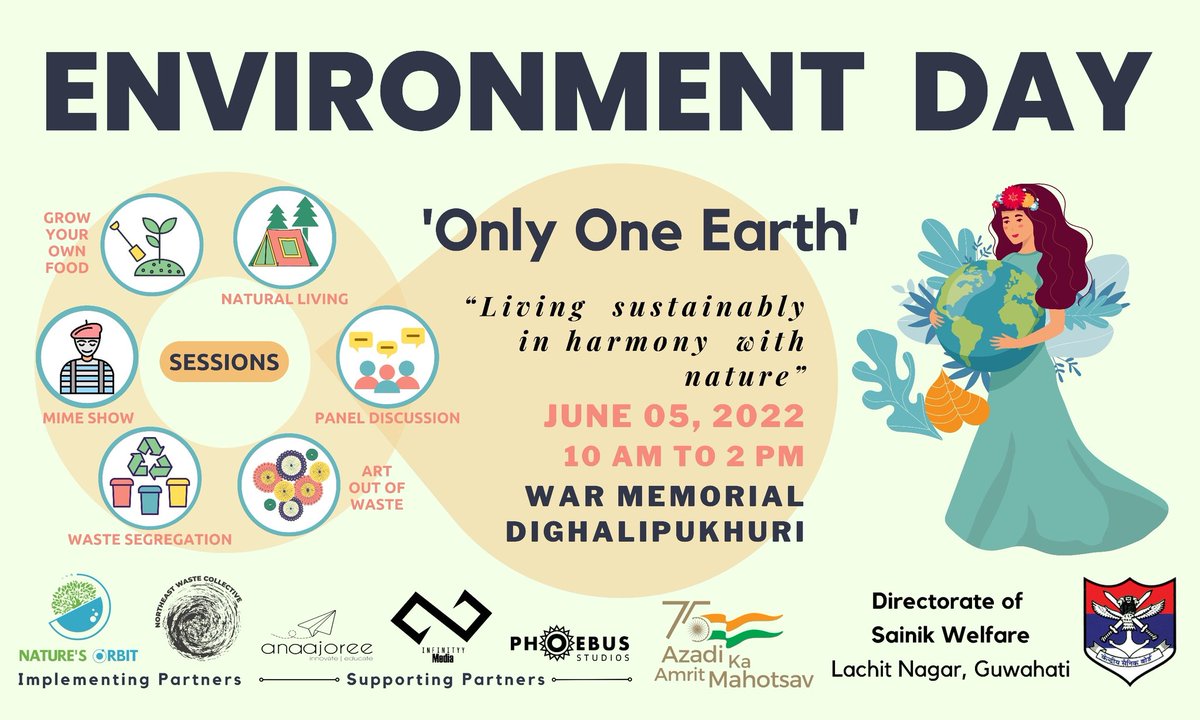 On the occasion of World Environment Day, the Directorate of Sainik Welfare has organized an engaging event Tomorrow at War Memorial, Dighalipukhuri from 10 AM to 2PM, with the teams of @Natures_orbit and @newaste_collect the implementing partners. Please do join in.