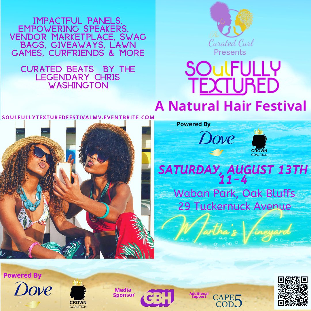 Join us at the intersection of community and culture in Oak Bluffs for SOulfully Textured, A Natural Hair Festival! …ullytexturedfestivalmv.eventbrite.com Panels, giveaways, #BlackOwnedBusiness, curated beats by <a href="/thelegendarycw/">#IAmTheParty</a> #naturalhair  #blackculture #marthasvineyard